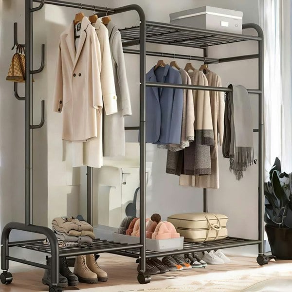 Rafaelo Mobilia Heavy Duty Metal Clothes Rail Open Wardrobe With Storage Shelves Black