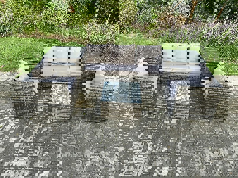 Fimous Wicker 6 Pieces Rattan Garden Furniture Sofa Set with Armchair 2 Side Tables Square Coffee Table Dark Grey Mixed
