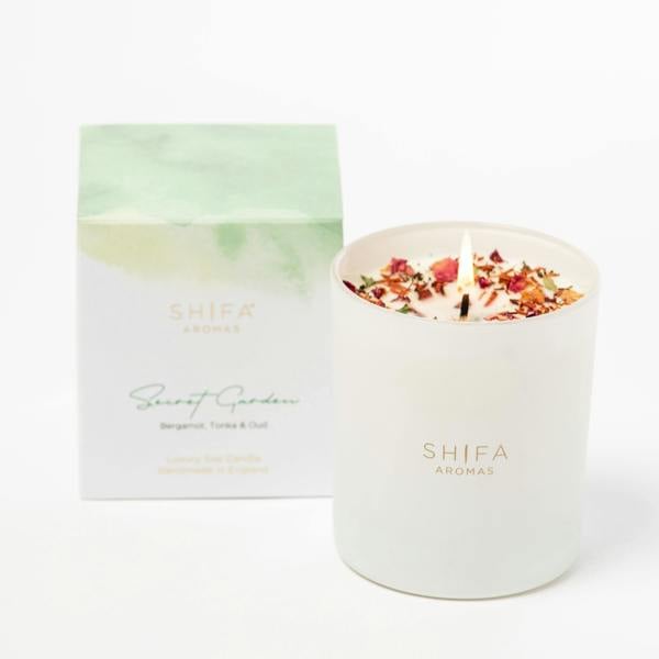 Shifa Aromas Secret Garden Glass Candle | Bergamot, Tonka & Oud - Take time to relax