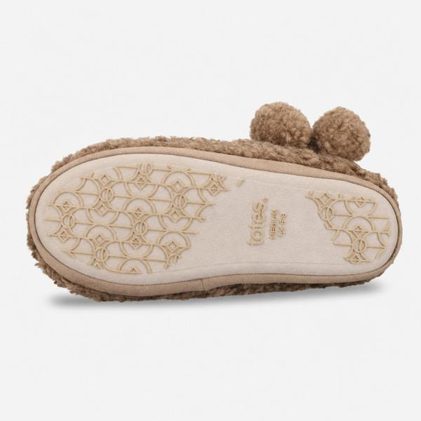 Totes TEXTURED FUR BOOTIE WITH POM POM Slipper Boots Slipper Boots   in  Brown
