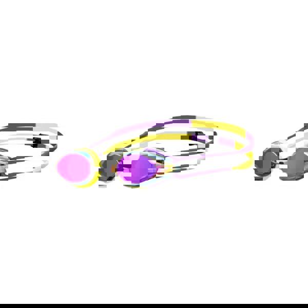 Purple and yellow Arena Tracks Mirror Swim Goggles with low profile mirrored lens