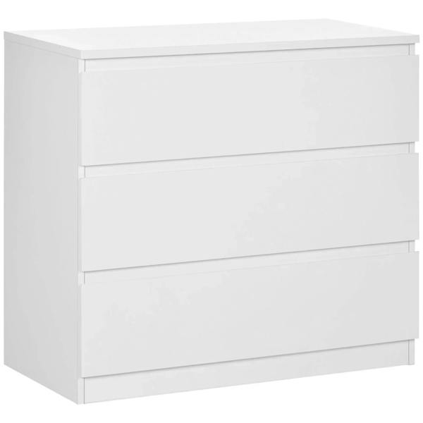 White chest of three drawers with clean panel fronts and flat top.