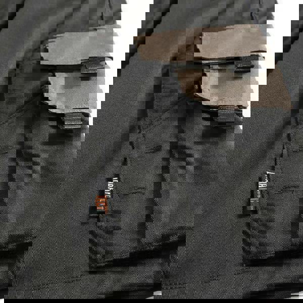 Scruffs Worker Plus Holster Mens Multi Pocket Cargo Shorts, close-up of black and gray fabric with multiple utility pockets and durable stitching.