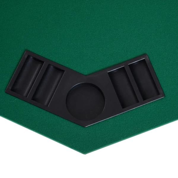 Green poker table top corner detail with black chip tray and oval cup slot