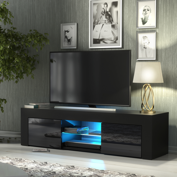 Mex Furniture 130cm TV Unit Cabinet TV Stand with Black High Gloss Doors