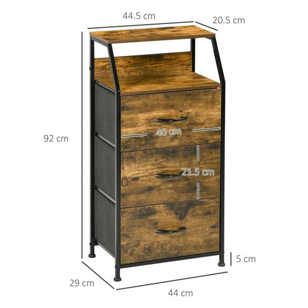 Rustic brown storage cabinet with black frame, 3 drawers and open top shelf