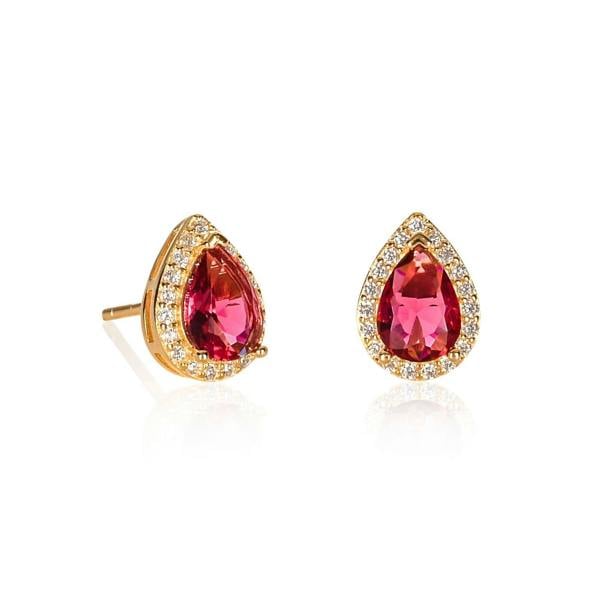 namana Gold Plated 925 Sterling Silver Pear Shaped Red Halo Stud Earrings For Women