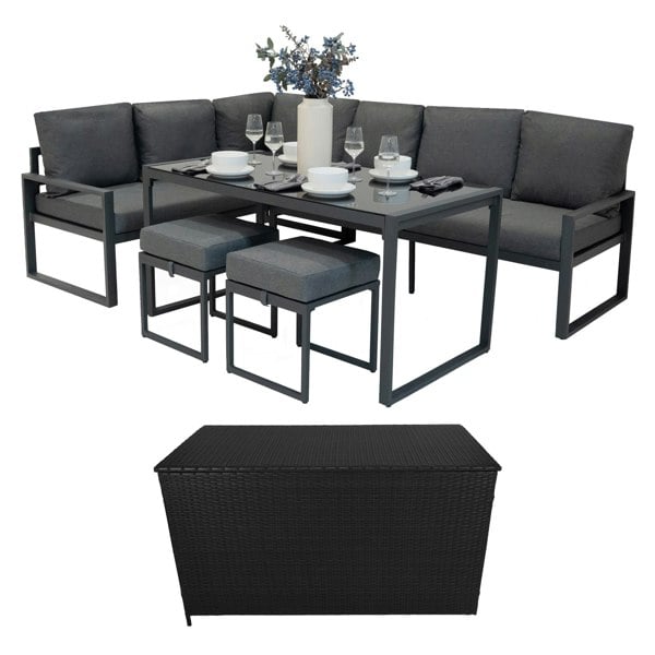 Jardi Aluminium Corner Sofa Set With Black Rattan Storage Box - Anthracite Grey