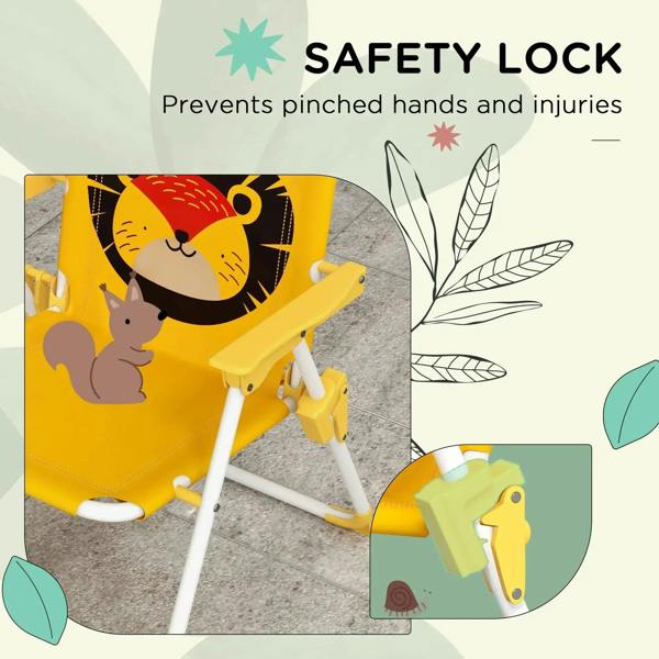 Yellow lion-themed kids chair showing safety lock and protective arm structure