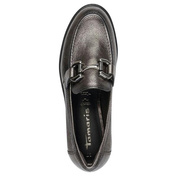 Tamaris Womens Pewter Silver Leather Loafers Slip-On Platform Shoes