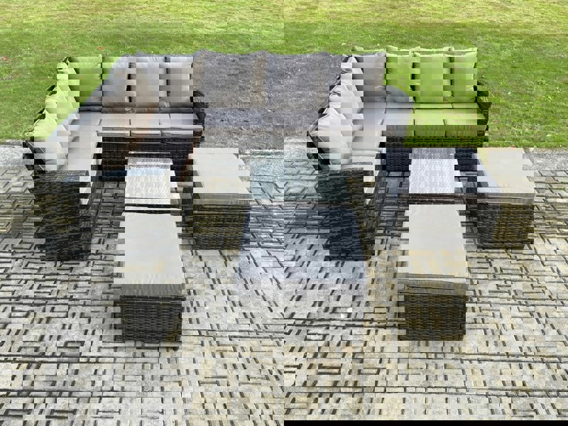 Fimous Rattan Garden Furniture Set Outdoor Lounge Corner Sofa Set With Square Coffee Table 2 Big Footstool 8 Seater Dark Grey Mixed