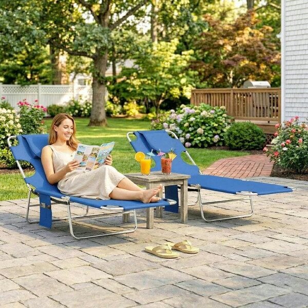 Bobobiy 5-Position Adjustable Sun Loungers Set of 2 with Reading Hole and Side Pocket, Blue - Blue