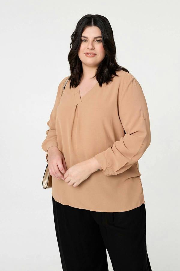 Beige | Curve Lace Back Long Sleeve Relaxed Top