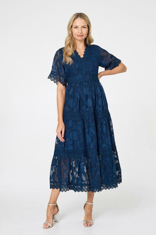 Navy | Floral Lace Frill 1/2 Sleeve Midi Dress
