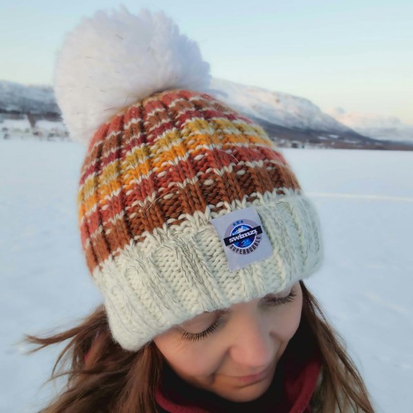 SuperBobble Rib Knit Beanie Bobble Hat - Sunset Stripes