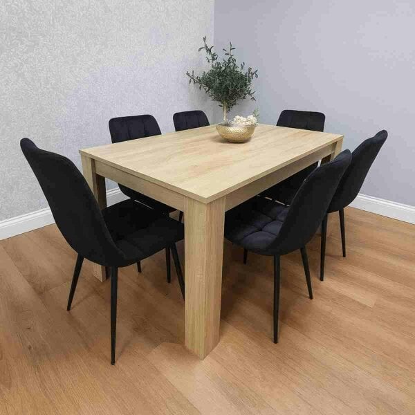 Kosy Koala Oak Effect Dining Table Set With 6 Black Velvet Chairs Dining Room Furniture