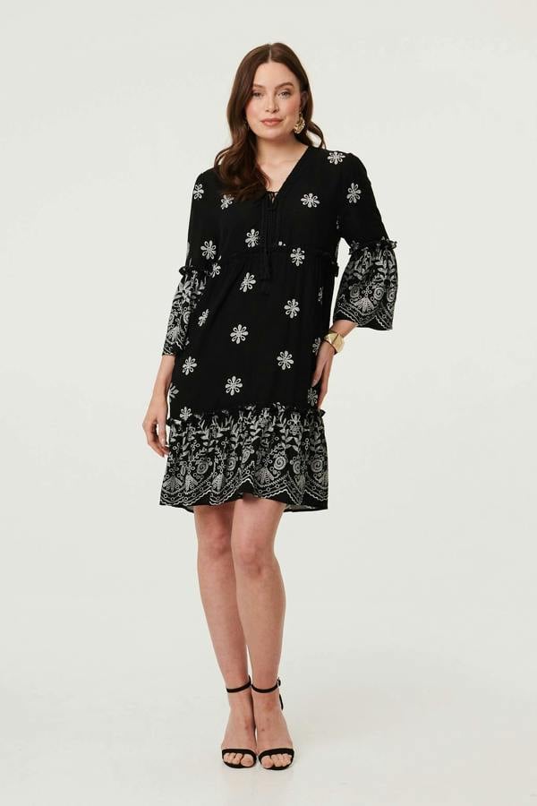 Black | Border Print Relaxed Tiered Short Dress