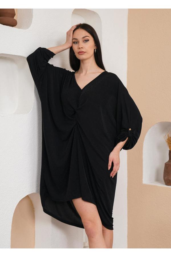 Hoxton Gal Oversized Twist Front Detailed Button Sleeve Mini Dress in Black Glitter