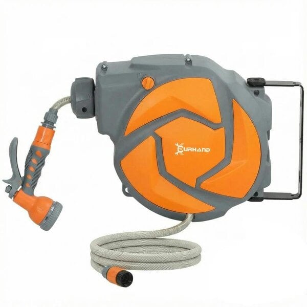 Bobobiy 10m Garden Hose Reel Wall Mounted Auto Rewind with 7 Patterns Spray Nozzle, Includes Wall Fixings, Orange