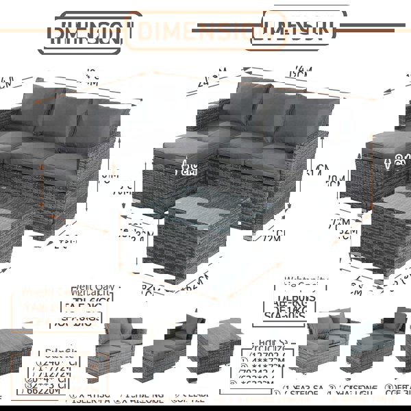 Furniture One Outdoor Rattan Corner Sofa, 3 Piece Garden Lounge Set with Glass Table, Soft Cushion L-Shaped All-weather Patio Corner Sofa Couch - Gray