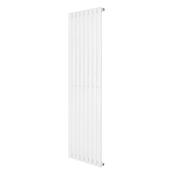 Sleek white oval single column radiator measuring 1600 x 480mm, featuring a modern design with smooth, vertical lines and a glossy finish