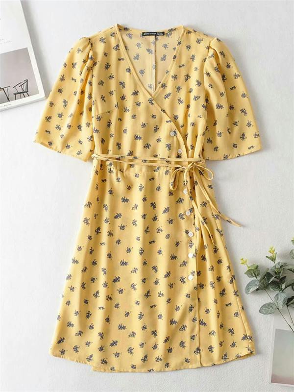 FS Collection Puff Sleeve Mini Tea Dress In Yellow & lavender Print