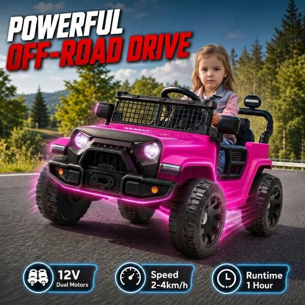 12V Electric Car for Kids with Remote, Dual Motors, Rear Suspension, Soft Start, Music, Lights for 3-8 Years, Pink