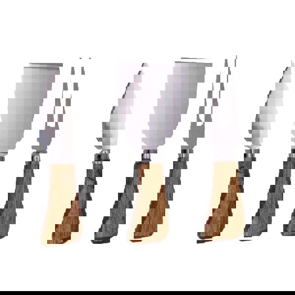 A set of three stainless steel cheese utensils with acacia wood handles: a parmesan knife, a flat cheese knife, and a serving fork.