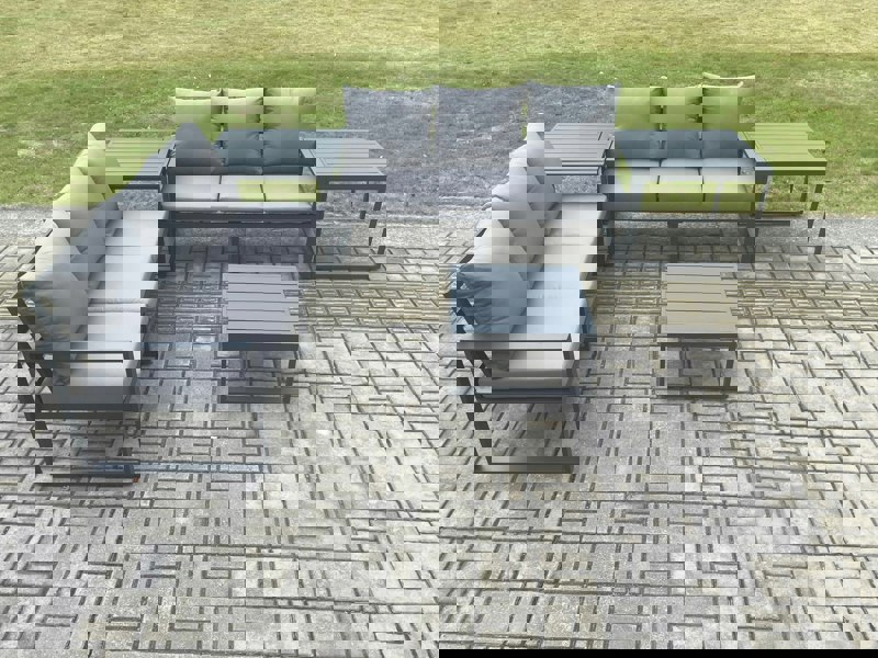 Fimous Aluminium 5 Pieces Garden Furniture Sofa Set with Cushions 6 Seater Outdoor Patio Set with Square Coffee Table 2 Side Tables Dark Grey