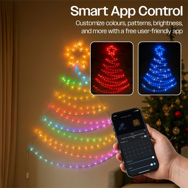 Xmas Haus Pre-Lit RGB Flat Christmas Tree Silhouette Metal Frame, App or Hand Held Remote  Controlled 1.4m