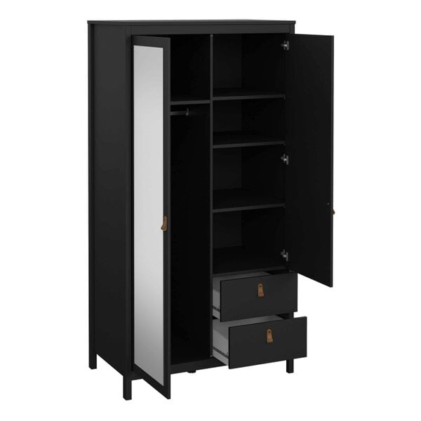 Wyld Haus Wildberry Matt Black Wooden Mirror Wardrobe  2 Doors 2 Drawers Leather Handles