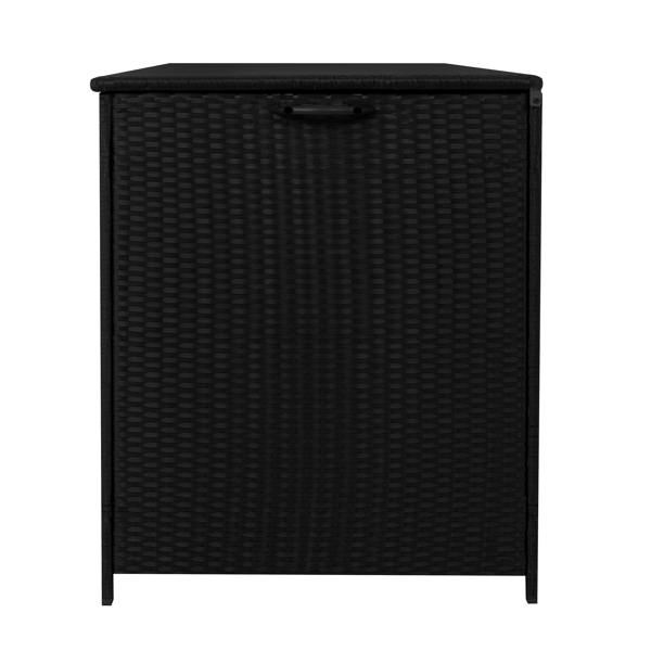Black rattan cushion storage box with a textured weave, featuring a flat top and a handle for easy opening and access