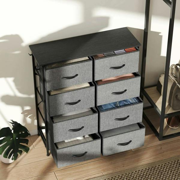 Charcoal grey fabric drawer chest with eight fabric drawers and black frame handles