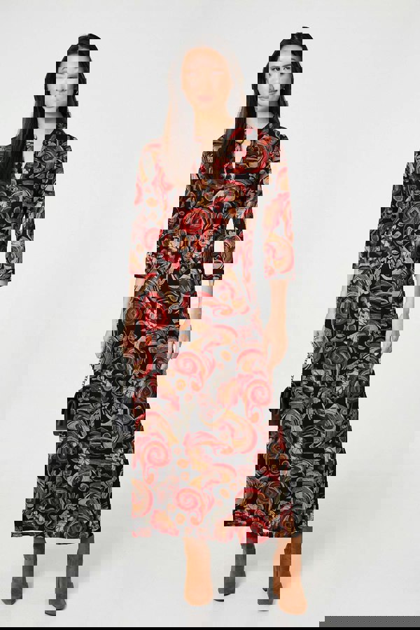 Red | Abstract 3/4 Sleeve Maxi Shift Dress
