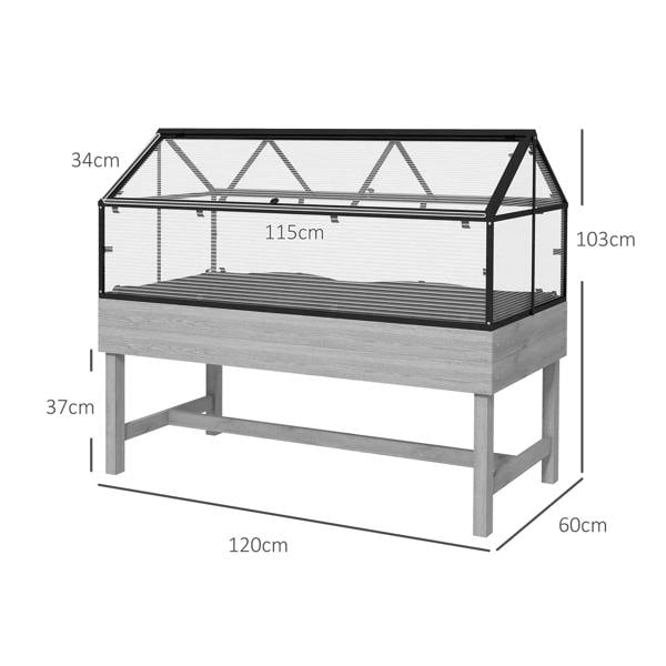 Grey raised garden bed with wooden base, mesh sides, and transparent top cover