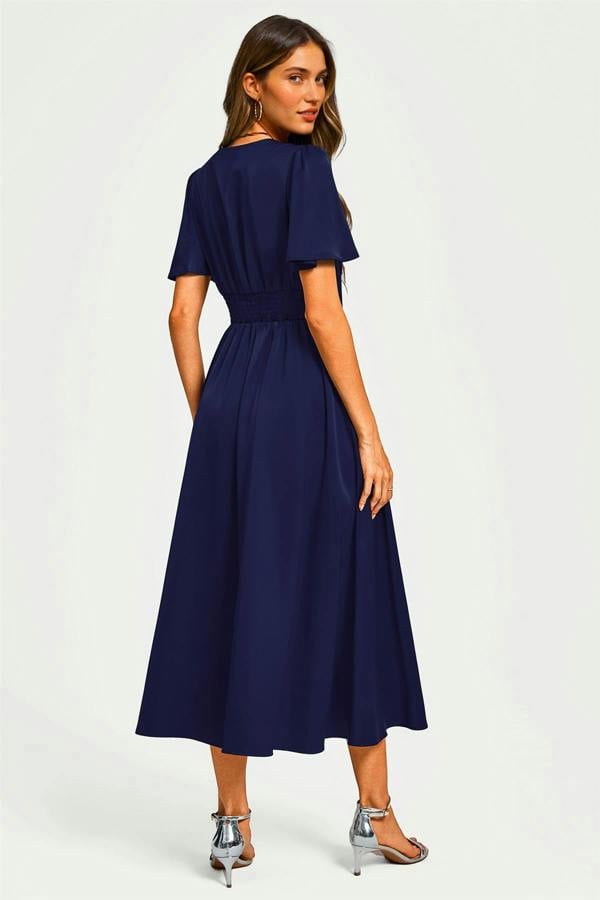 FS Collection Satin V neckline Button Detail Dress In Navy