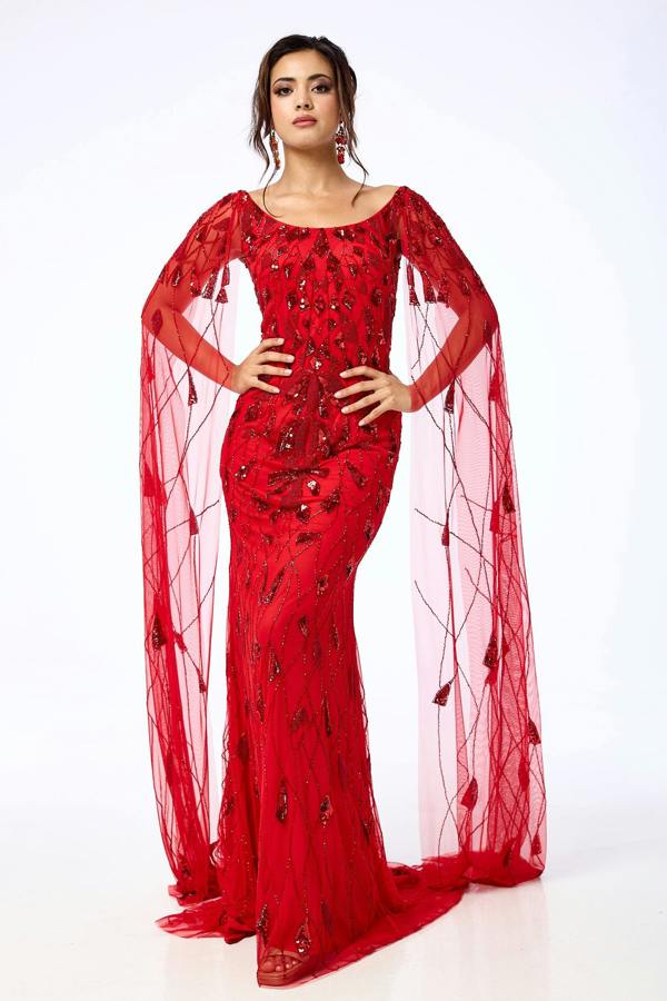 LuvForever Azara - Red Draped Sleeve Sequin Maxi Dress