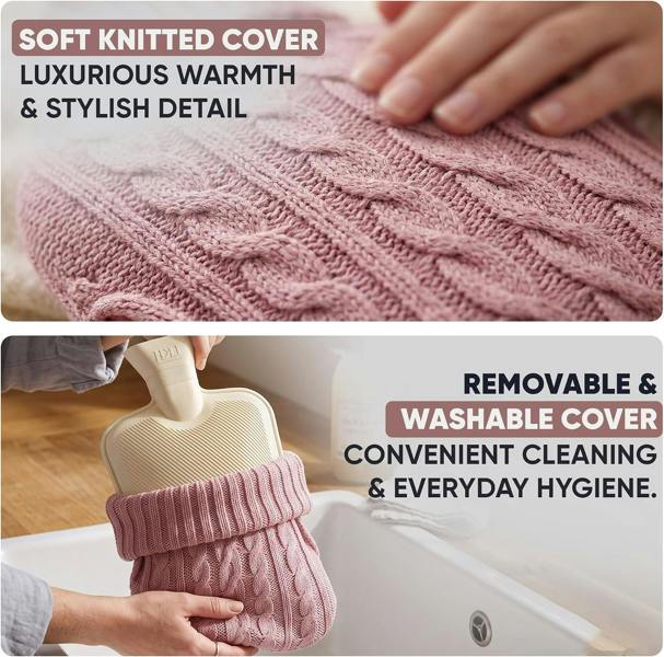 LKH HOME COLLECTION Hot Water Bottle with Cover UK 2L Soft Knitted Washable Cover with hand pockets keeps both hands warm, Leakproof Design