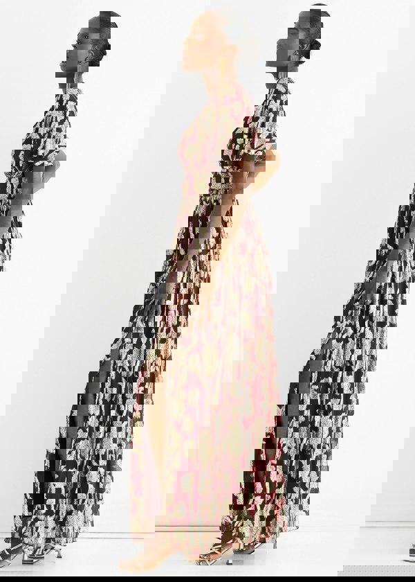 Gini London Burgundy Metallic Jacquard Flutter Sleeves Floral Maxi Dress