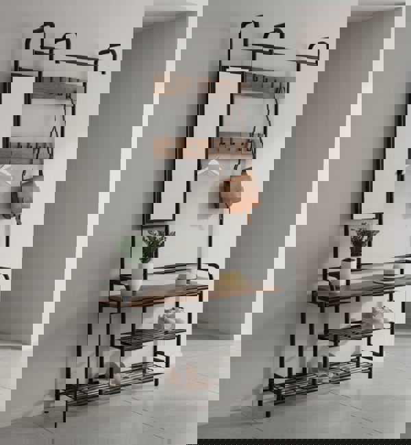 Modcraft Entryway Coat Hanger Stand with Shoe Bench & Mirror Black Rustic Oak Hallway Storage Unit