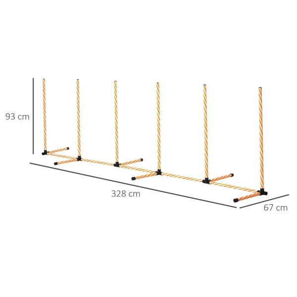 Dog agility weave poles obstacle set layout with dimensions: 93 cm, 328 cm, 67 cm