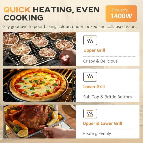 Mini countertop oven heating with upper and lower grill shown with food inside