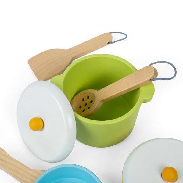 Bigjigs Toys Wooden Pots & Pans Set - Includes 3 Pots, 2 Lids And 2 Cooking Utensils