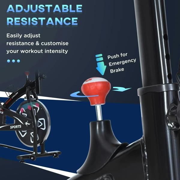 Black stationary bike showing adjustable resistance knob and red emergency brake