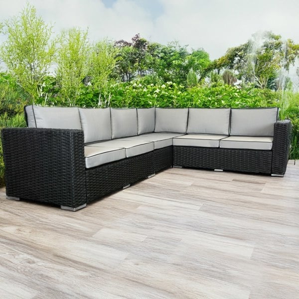 Furnishings For Less L Shaped 9 Seater Black Rattan Patio Set With Fire Pit Table