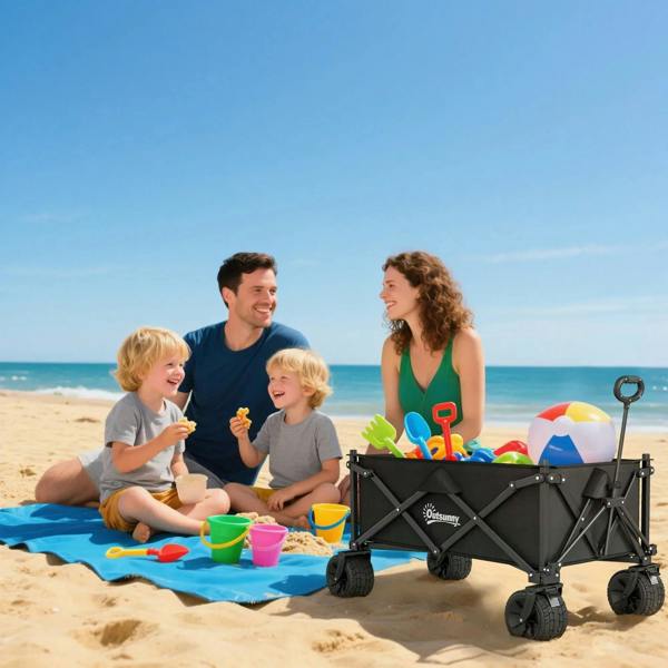 Black folding wagon cart for beach with fabric bed and large treaded wheels