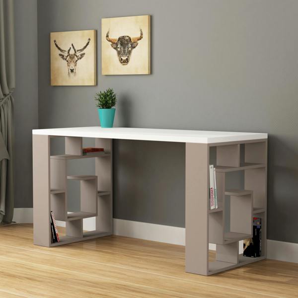 Decortie Labirent Modern Desk with Bookshelf Legs White Anthracite Grey 137cm