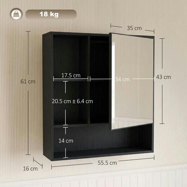 Bathroom Mirror Cabinet, Wall-Mounted Bathroom Cabinet with Mirror Door, Adjustable Shelves, Black