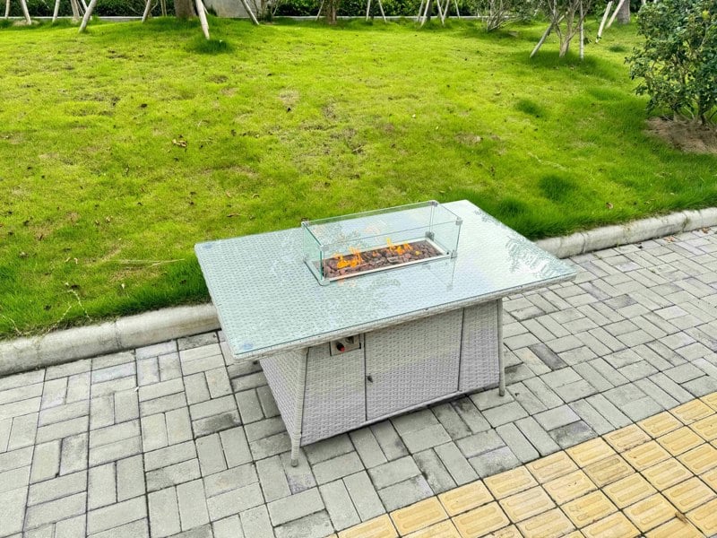 Fimous Light Grey Rattan Outdoor Garden furniture Set Gas Fire Pit Table and 4 Chairs Set with Seat Cushion