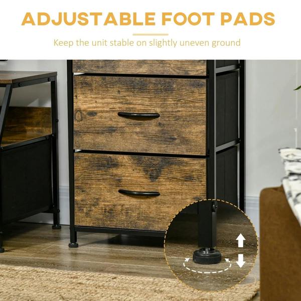 Bottom of rustic brown cabinet with adjustable foot pads and black metal legs